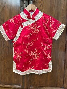 Traditional Red Floral Mandarin Top for Kids